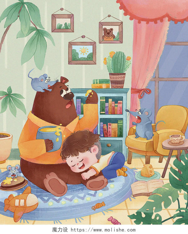 儿童手绘插画爱捣蛋的小棕熊世界睡眠日小男孩房间